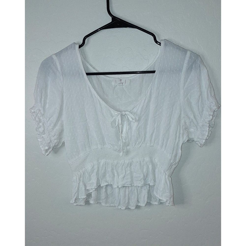 Ivy & Main Peplum Dainty Cottagecore Boho Peasant Smocked Waist White Top